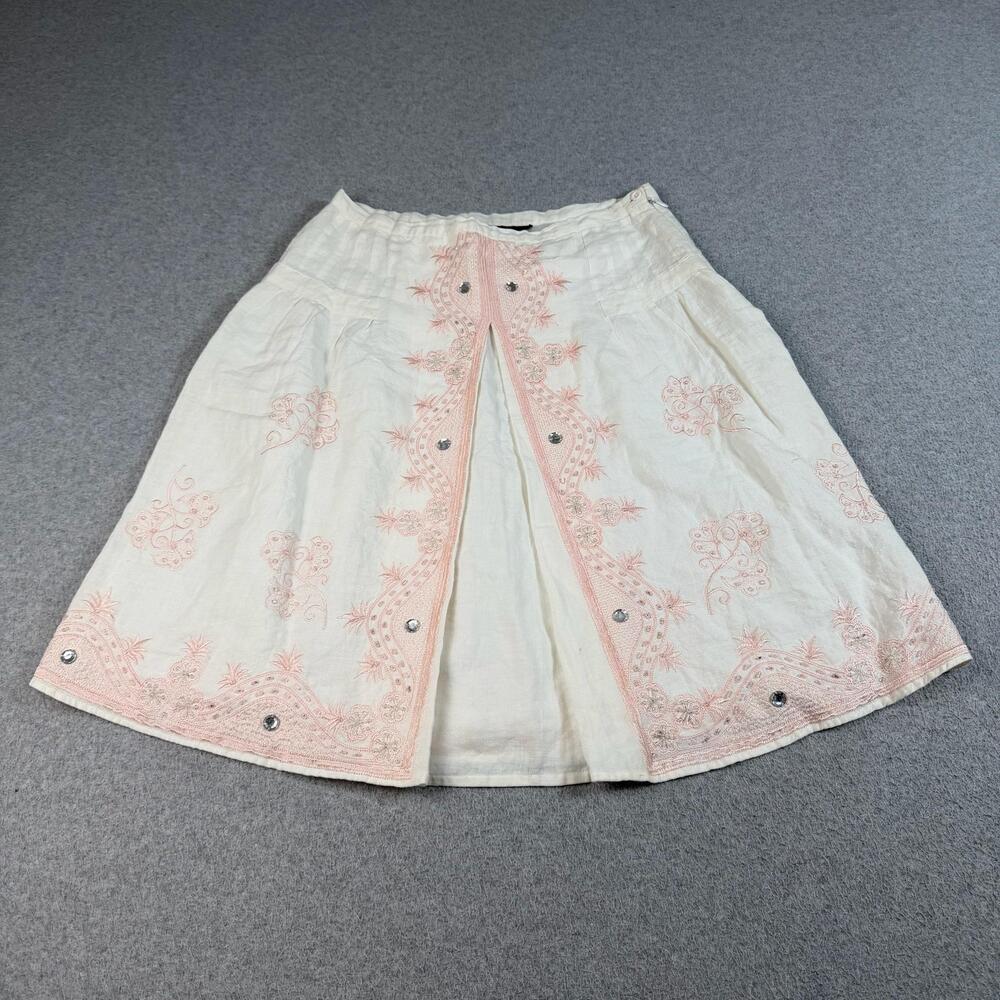 Anne Carson Skirt Women 6 White Linen Embroidered Rhinestone Boho Romantic Aline